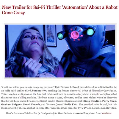 New Trailer for Sci-Fi Thriller 'Automation' About a Robot Gone Crazy